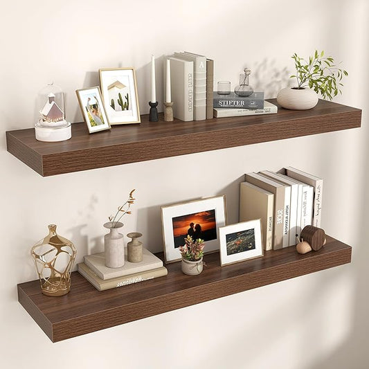 Floating Shelves for Wall, 48" W x 12" D x 2" H, 2 Pack of Long Wall Mounted Engineered Wood Shelves with Invisible Brackets for Living Room, Bedroom, Bathroom, Kitchen Decor, Walnut