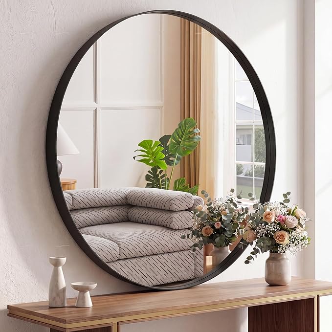 NEWBULIG 30-Inch Round Wall Mirror, Bathroom Wall Circle Mirror with Metal Frame, Bathroom Decor for Entryway, Living Room, Vanity, Black