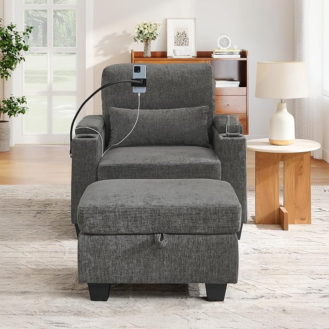 Small Chaise Lounge Chair Indoor with Ottoman&Adjustable Backrest,Chenille Tufted Recliner Comfy Sofa Chair with USB,Phone Holder&Storage Arms,Convertible Sleeper Couch Bed for Living Room(37"W,Grey)