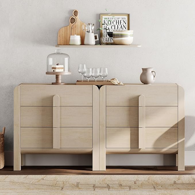 WAMPAT Large Sideboard Buffet Cabinet with Storage with 6 Drawers,Modern French 63" W Buffet Cabinet with Storage,Wood Coffee Bar Cabinets with Curved Edge Design for Kitchen Living Room,Light Oak