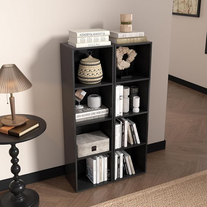 Wooden 4 Cube Storage Organizer, 4 Tier Storage Cubes Storage Display Cubby,Freestanding DIY Closet Shelving Unit for Living Room Bedroom Office(Black, 4 Cube-W(11.8inch)