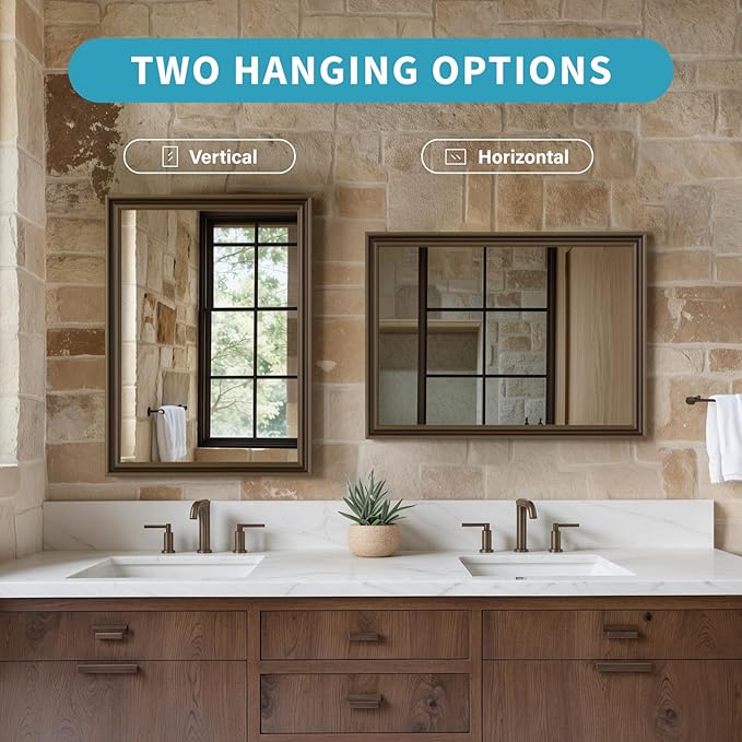 Retro Copper Effect Framed Wall Mirror, 32x40 Rectangle Mirror, Anti-desilvering Tempered Glass, Sustainable&Sturdy Frame, Anti-Rust, HD Reflection &3min Fast Setup for Bathroom Living Room