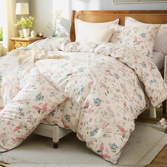 Duvet Cover King Size - 100% Nature Cotton Pink Floral Duvet Cover with Zipper Closure & Corner Ties,3pcs Soft & Breathable Pink Bedding Set with 2 Pillowcases 20"x36"