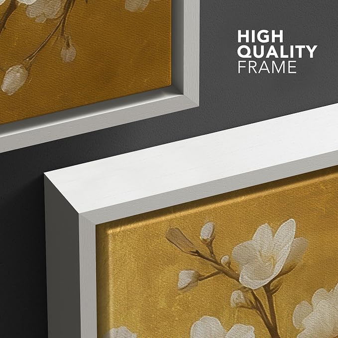 wall26 Framed Canvas Print Wall Art Set Golden Cherry Blossom Tree Elegant Floral Illustrations Fine Art Decorative Rustic for Living Room, Bedroom, Office - 24"x36"x3 White