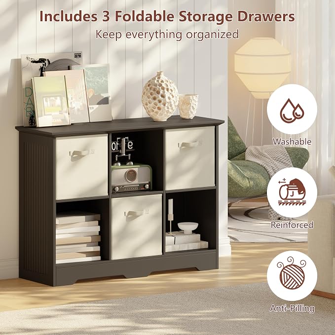 VORONOI 6 Cube Storage Organizer with 3 Fabric Drawers and Removable Shelves — Modular Cube Bookshelf for Bedroom, Living Room, or Home Office, Short Cube Bookcase for Toys, Decor,Black