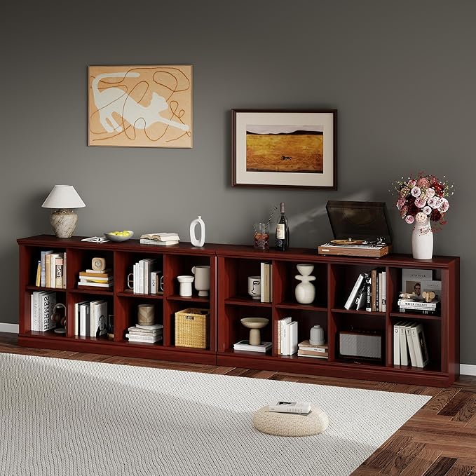 Bevfint 8 Cube Storage Organizer Bookcase - 2 Tiers 8 Storage Cube Adjustable Space Book Case, Display Cabinet Organizer, 54.7 inch Width Horizontal Bookshelf for Home Library Office, Mahogany