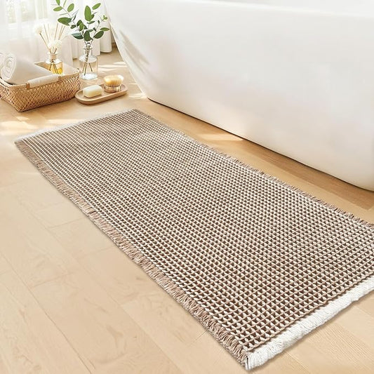 Waffle Runner Bath Mat - Long Boho Bathroom Rugs Non Slip Washable, Super Absorbent & Quick Dry, Soft Bath Mat Farmhouse Bathroom Decor, 24'' x 72'', Khaki and White