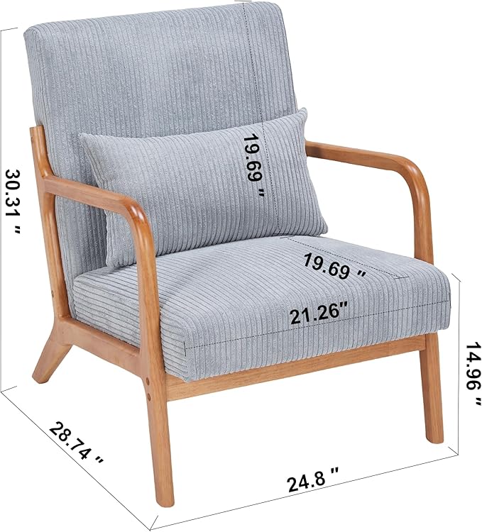 Accent Chairs Set of 2, Mid Century Modern Chair with Pillow, Arm Chair with Solid Wood, Reading Relaxing Leisure Chair for Living Room, Waiting Room, Light Grey