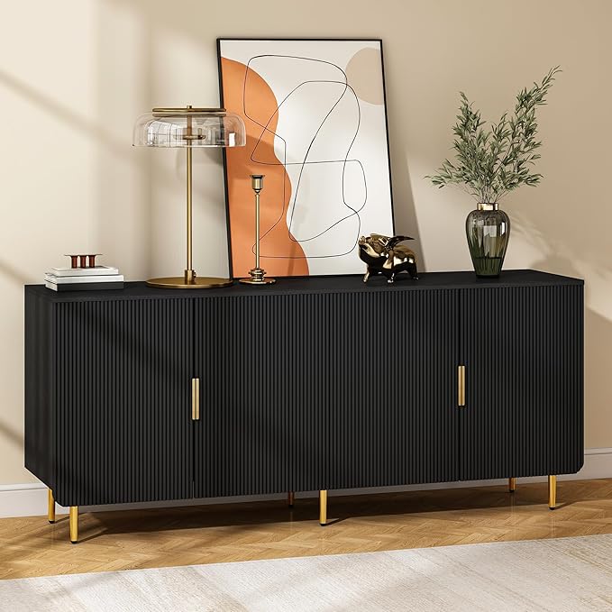 65" Fluted Sideboard Buffet Cabinet with Storage, Console Cabinet with 4 Doors & Adjustable Shelves, Modern Buffet Table for Kitchen Dining Living Room Hallway‌ Entryway, Black