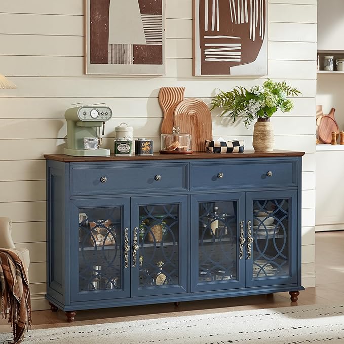 Farmhouse Sideboard Buffet Cabinet with Storage,59" Large Credenza with 4 Glass Doors & 2 Drawers,Adjustable Shelves Console Table,Wood Kitchen Coffee Bar for Dining Room,Living Room,Navy Blue