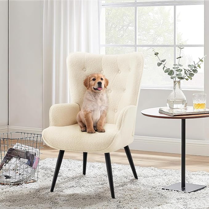 Furnimart Accent Chairs Set of 2, White Sherpa Reading Armchair with High Backrest, Wingback Corner Chair Mid Century Modern for Living Room, Bedroom, Waiting Room