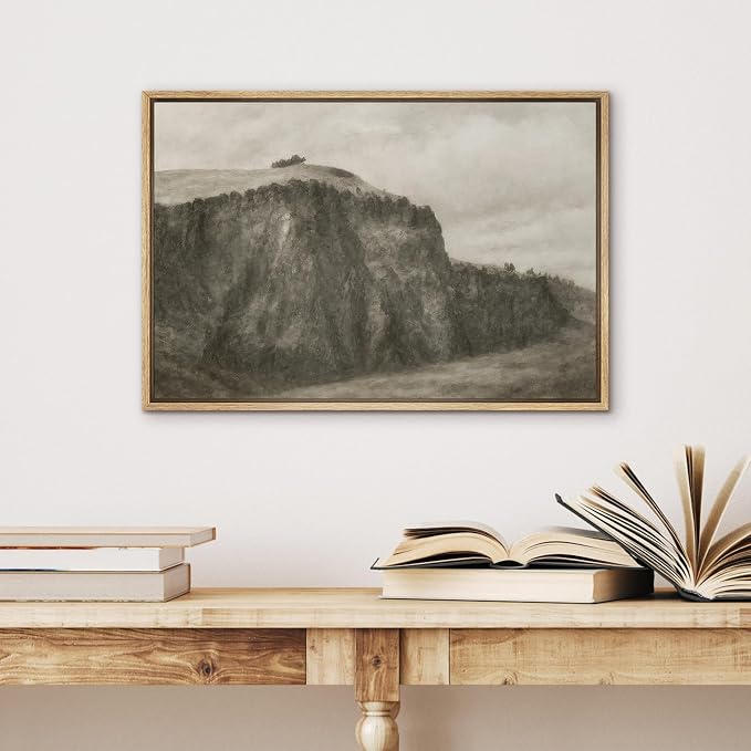 SIGNWIN Framed Canvas Print Wall Art Misty Cliffside Landscape Neutral Sepia Mountain Scene Illustrations Minimalism Decorative Boho Retro for Living Room, Bedroom, Office - 24"x36" Natural