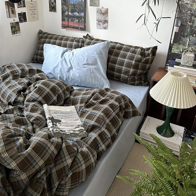 mixinni Vintage Buffalo Plaid Duvet Cover Set Queen Size - 3 Piece Washed Cotton Bedding Set with Grid Pattern, Soft & Breathable Duvet Cover with Pillowcases for All Seasons,(Brown & Blue,Beige)