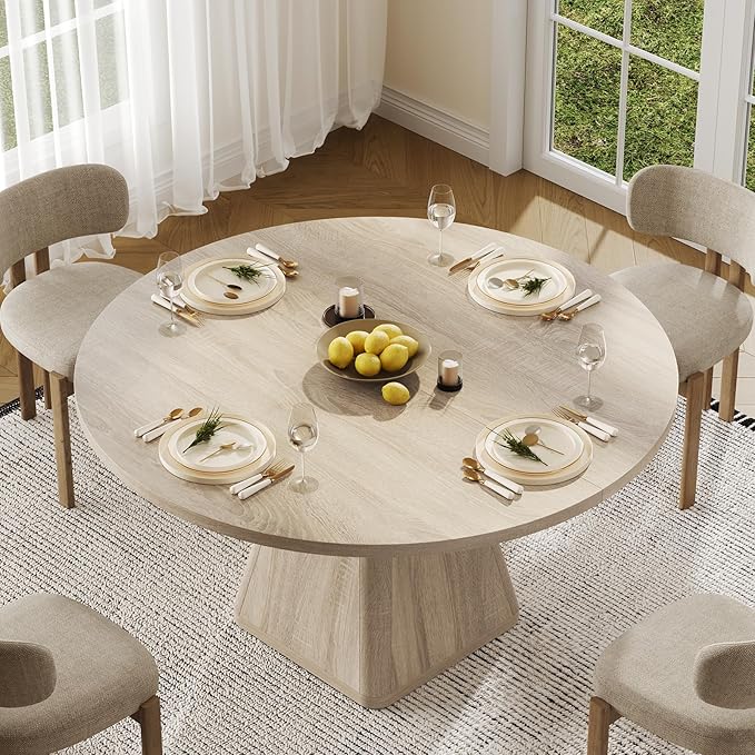 47 Inch Round Dining Table for 4-6, Circle Kitchen Table with Thickened Tabletop, Modern Dining Room Tables with Square Pedestal Base, Dinner Tables for Kitchen Small Space, Oak (Table Only)