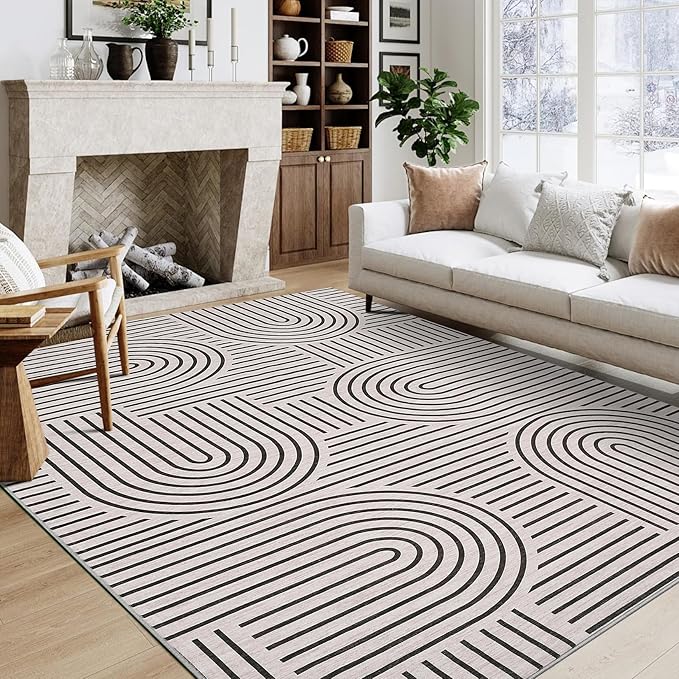Washable Rug 8x10 Area Rugs for Living Room, Abstract Rug for Bedroom, Soft Rainbow Non Slip Rugs with Rubber Back, Low Pile Stain Resistant Boho Geometric Carpet for Dining Room, Light Camel
