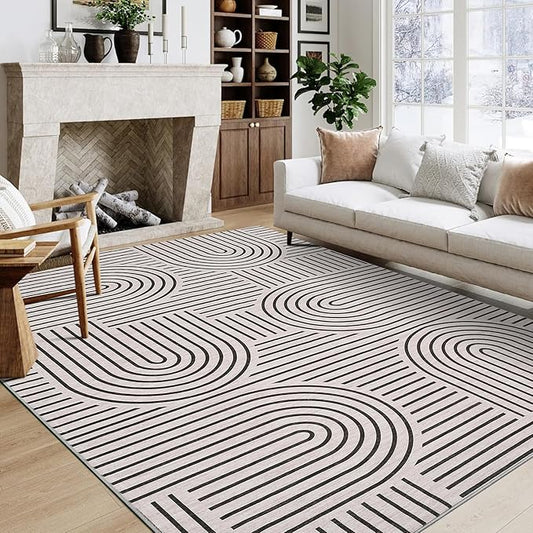Washable Rug 8x10 Area Rugs for Living Room, Abstract Rug for Bedroom, Soft Rainbow Non Slip Rugs with Rubber Back, Low Pile Stain Resistant Boho Geometric Carpet for Dining Room, Light Camel