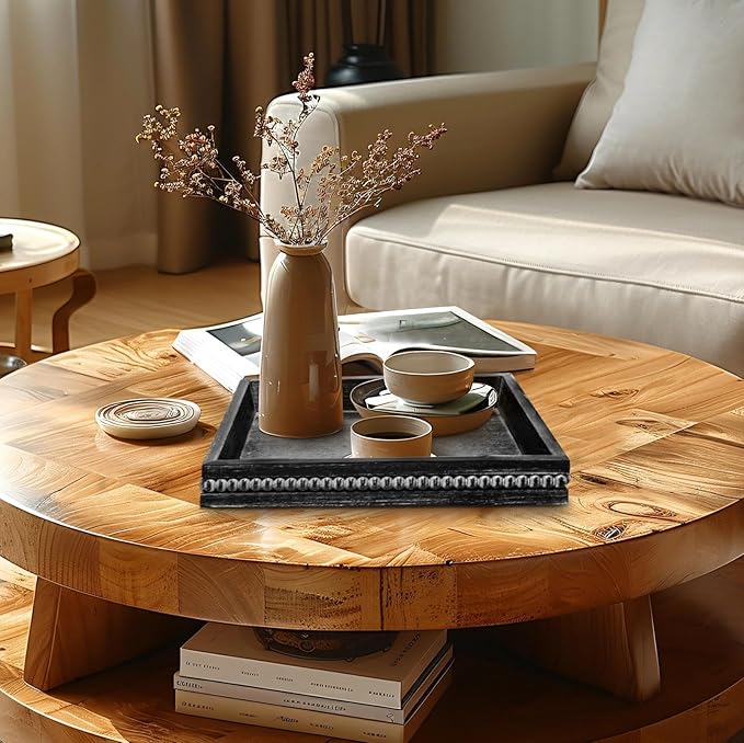 MAONAME Wood Serving Tray, Farmhouse Wooden Tray for Coffee Table, Rustic Square Trays with Beads, Vintage Black Decorative Trays for Living Room, Kitchen, 12" X 12" X 1.6"
