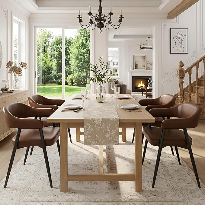 HNY Modern Dining Room Arm Chairs Set of 4, Retro Faux Leather Upholstered Barrel Dining Chairs with Arms Mid-Century Brown Accent Chair with Metal Legs, Open-Back Kitchen Side Chair for Living Room