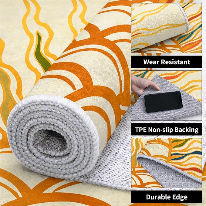 Sunburst Abstract Area Rug 7x9, Yellow Orange Colorful Sun Pattern Rugs, Boho Modern Washable Non-Slip Soft Carpet for Living Room Bedroom Dining Room Home Office Entryway
