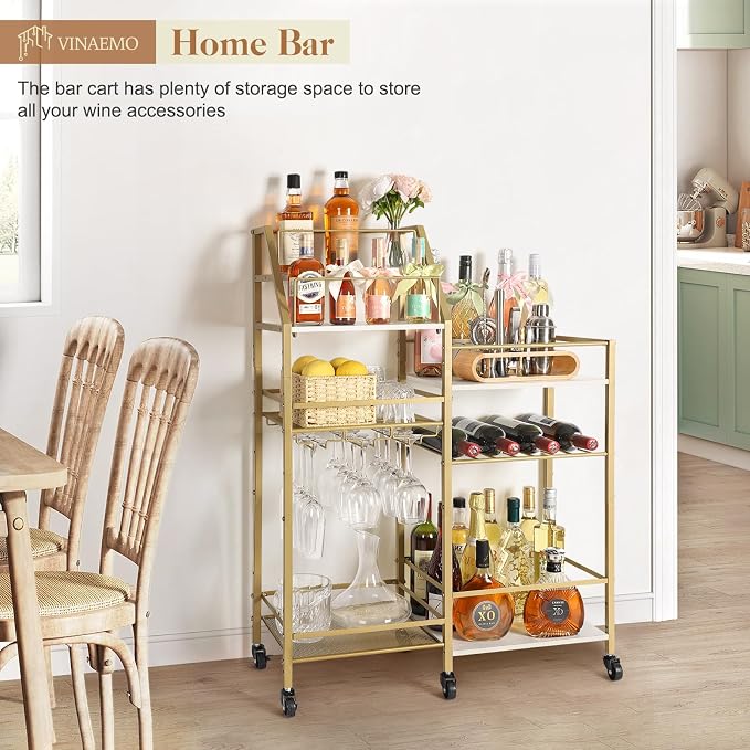 VINAEMO Gold Bar Cart With Wine Glass Holder, Stand for Home, Small Mini Bar for Whiskey Wine, Liquor Cart, Alcohol Cabinet for Kitchen, Dining Room