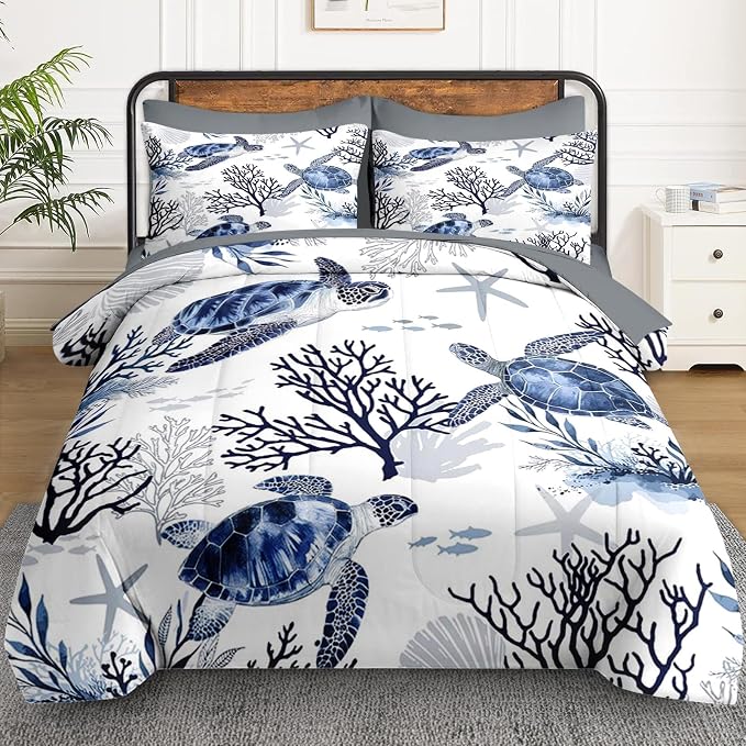 WeCozy 5 Pcs Twin Size Comforter Set with Pillowcase & Sham, Ocean Sea Coral Bedding for Kids and Adults, Blue Animal Turtle Bed in a Bag with Flat Fitted Sheet