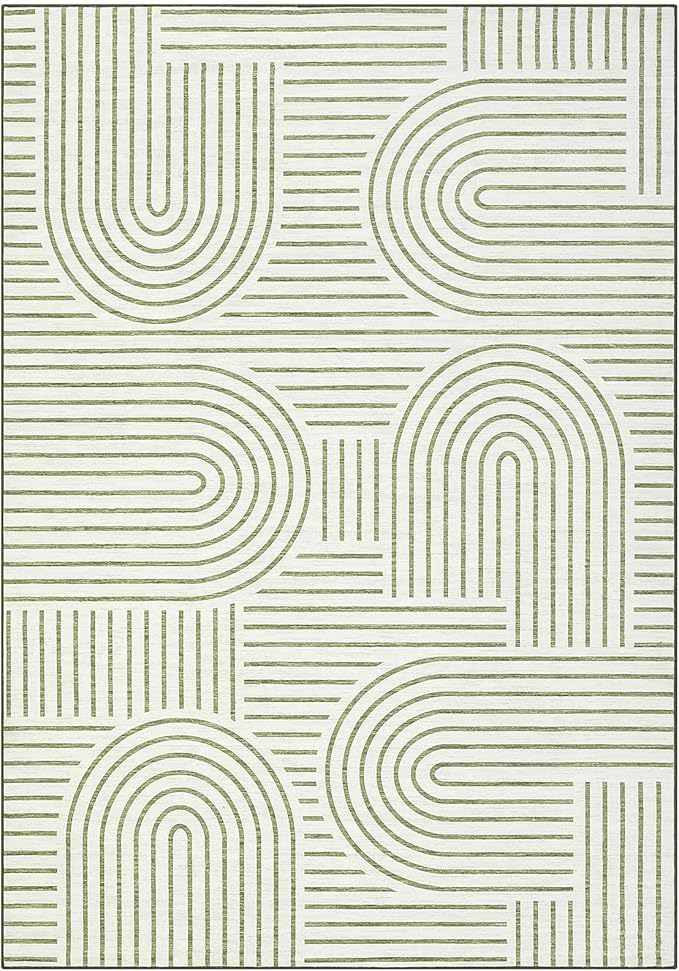 Washable Rug 5x7 Area Rugs for Living Room, Abstract Rug for Bedroom, Soft Rainbow Non Slip Throw Rugs with Rubber Back, Low Pile Stain Resistant Boho Geometric Carpet for Dining Room, Green