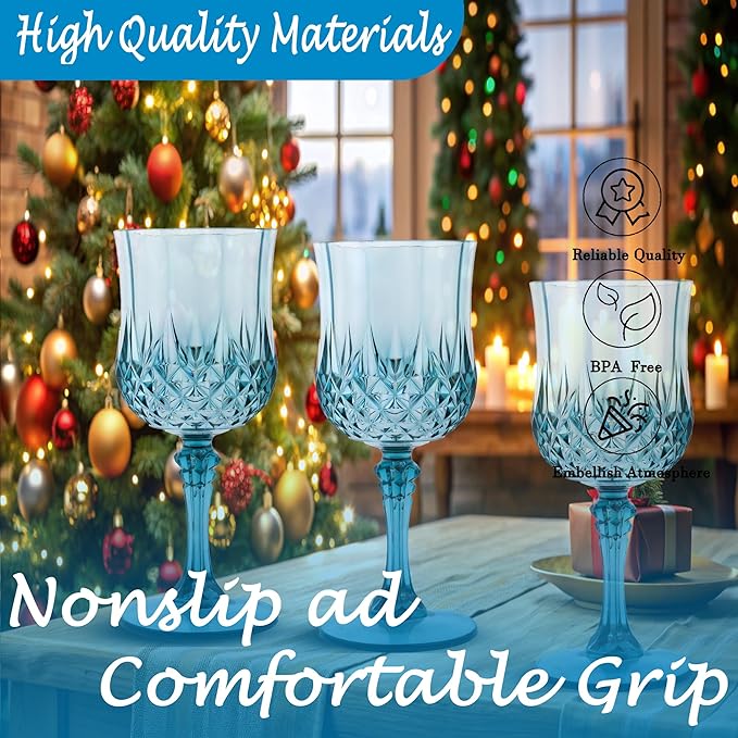 Plastic Wine Glasses, Plastic Goblets Vintage Style Cordial Drinking Glasses for Valentine’s Day, Wedding Reception, Grand Event Party Supplies (24, Dusty Blue)