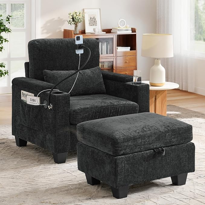 Small Chaise Lounge Chair Indoor with Ottoman&Adjustable Backrest,Chenille Tufted Recliner Comfy Sofa Chair with USB,Phone Holder&Storage Arms,Convertible Sleeper Couch Bed for Living Room(37"W,Black)