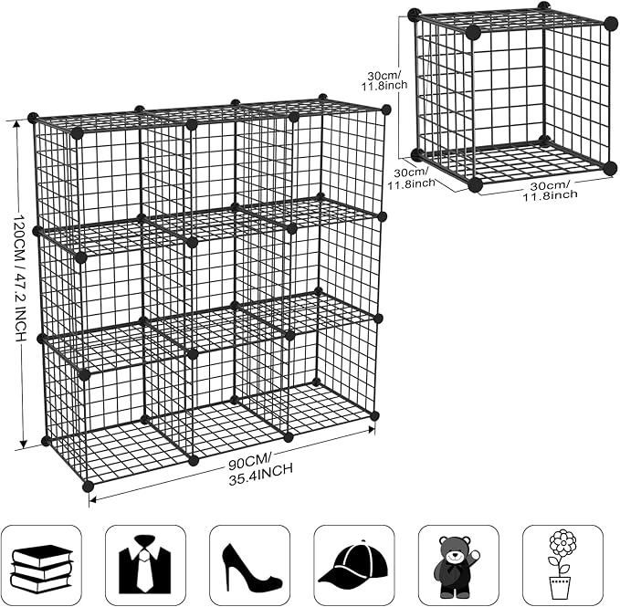 Wire Cube Storage Organizer, Metal Storage Shelves Bookshelf, Stackable Modular Closet Organizer for Bedroom Living Room, Office,Storage Shelves (9 Cubes, Iron)