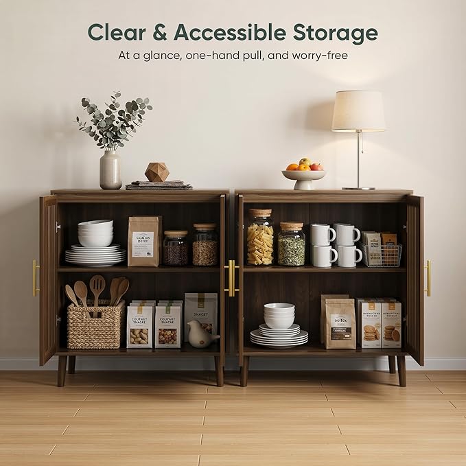 Smart FENDEE Sideboard Cabinet, 31.5" W Farmhouse Buffet Cabinet with Slatted Doors & Adjustable Shelf, Wood Coffee Bar Storage Station for Kitchen, Dining Room, Living Room, Entryway, Walnut Color