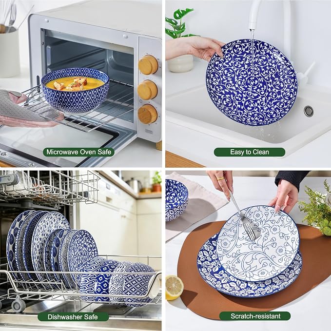 Selamica Ceramic Plates and Bowls Sets,24 Pieces Dinnerware Sets for 8,Scratch Resistant Dish Set for family gathering,Dishwasher & Microwave Safe, Vintage Blue