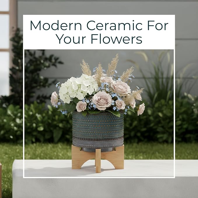 Ceramic Dotted Planter with Wood Stand for Home Decor - Modern Flower Planters for Patio, Entryway, and Garden - Small Decorative Pot Display for Indoor and Outdoor Plants - 8", Green & Tan