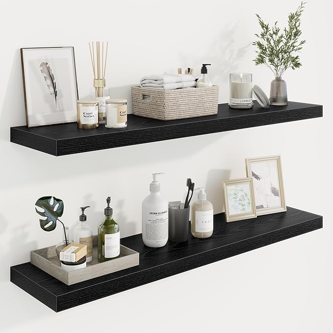 40in Floating Shelves for Wall, 40"W x 9.25"D x 1.25"H, 2 Pack Long Wall Mounted Engineered Wood Shelves with Invisible Brackets for Living Room, Bedroom, Bathroom, Kitchen Decor and Storage, Black