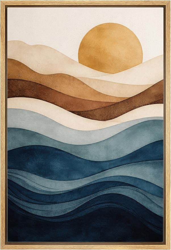 Woodrose Framed Canvas Print Wall Art Abstract Layered Landscape Sun and Waves Illustrations Modern Art Minimalist 3D Colorful Ultra for Living Room, Bedroom, Office - 24"x36" NATURAL