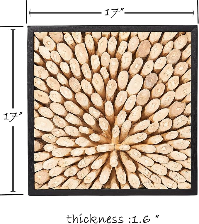 Greenage Reclaimed Teak Wood Wall Decor 17"x17" Farmhouse Branch Pattern Square Wall Art Rustic Wooden Wall Hanging Decoration Frame Wall Panel Shape for Home Living Room Bedroom