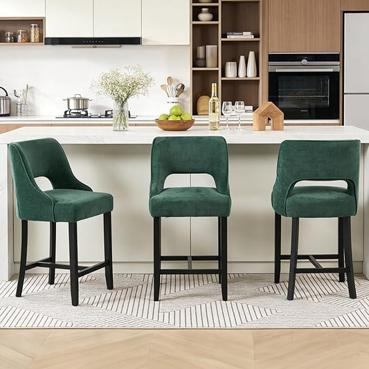 ClinQ Bar Stools Set of 3, 26" H Counter Height Bar Stools with Backs, Modern Upholstered Accent Barstools with H-Shaped Footrest for Kitchen Island, Dining Room and Bar, Green-Black Legs