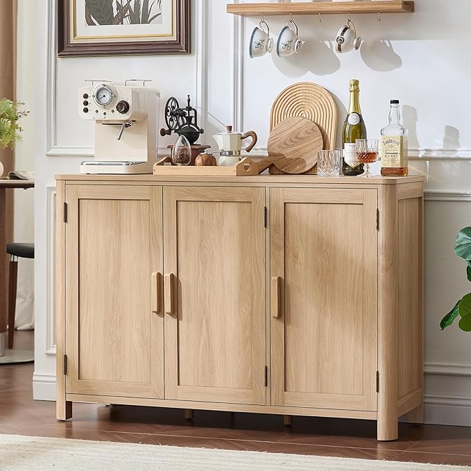 Joaxswe Sideboard Buffet Cabinet with Storage, 46" Arc-Shaped Credenza with 3 Doors & Adjustable Shelves, Mid Century Modern Coffee Bar Storage Cabinet for Kitchen, Living Room, Entryway, Natural