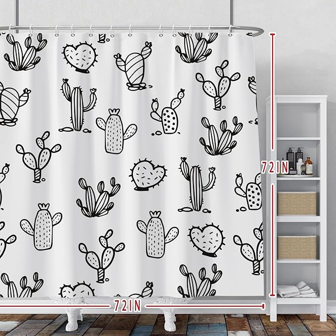 Baocicoo Cartoon Cactus Shower Curtain Tropical Plants Mexican Texas Minimalism Black and White Decorative Artistical Shower Curtains for Home Bathtubs Bath Waterproof Fabric with Hooks 72x72 Inches