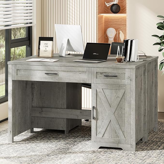 Vabches Farmhouse 47" Executive Desk,Computer Desk with Drawers and Storage Cabinet, Home Office Desk for Work and Study.Grey