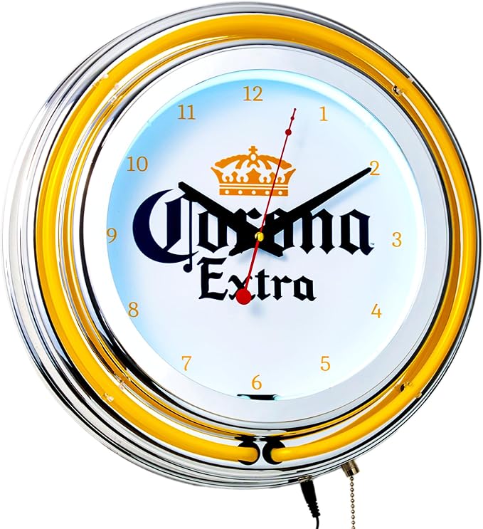 American Art Decor Retro Neon Wall Clock - Round Battery Operated Vintage Analog Clock W/Pull Chain - for Bar, Man Cave, Garage, Arcade, Game Room & More (Corona, 14.5” x 14.5” x 3.25”)
