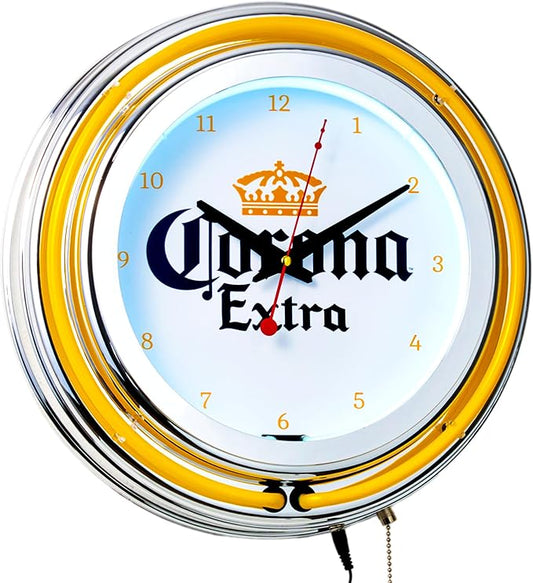 American Art Decor Retro Neon Wall Clock - Round Battery Operated Vintage Analog Clock W/Pull Chain - for Bar, Man Cave, Garage, Arcade, Game Room & More (Corona, 14.5” x 14.5” x 3.25”)