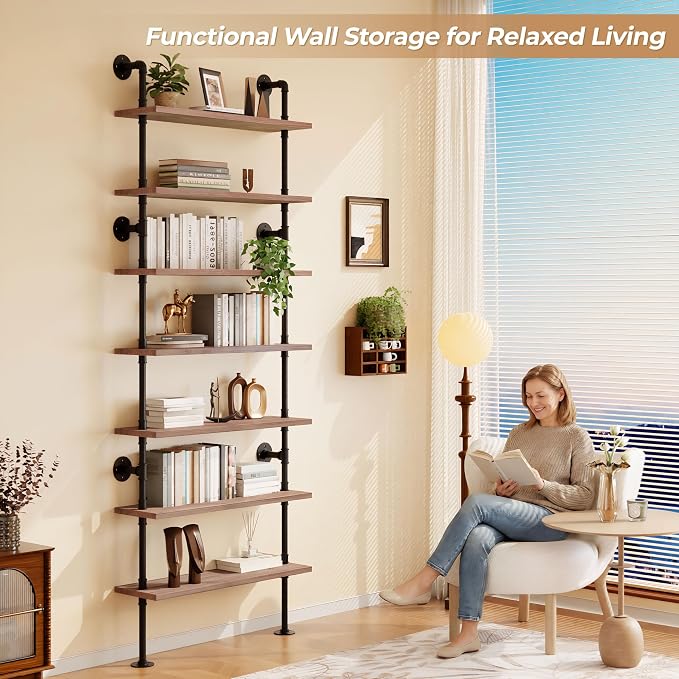 7 Tier Industrial Wall Mounted Ladder Shelf Bookcase, Rustic Wood Metal Pipe Industrial Shelves for Living Room Decor and Storage (Weathered Brown, 7 Tier - 10" D x 36" W x 95.5" H)