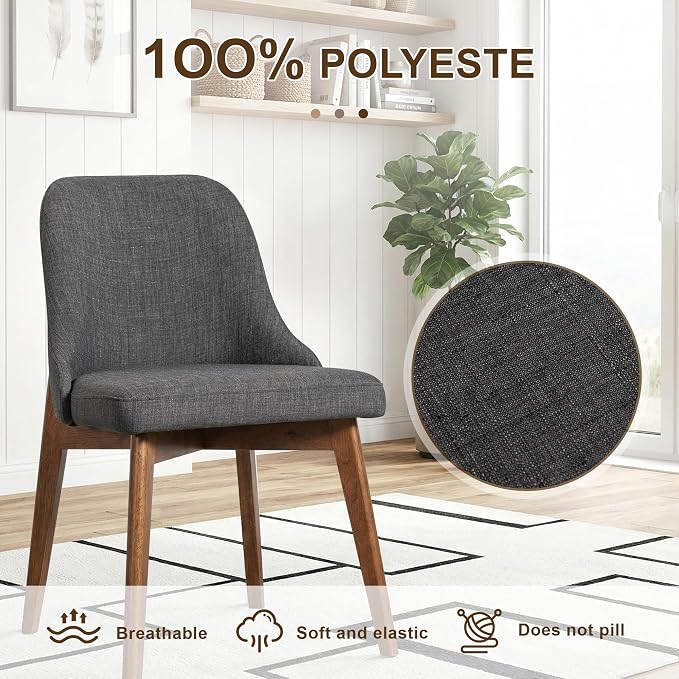 Casaphoria Set of 2 Upholstered Dining Chairs, Dark Grey Fabric Kitchen Chairs with Walnut Wood Legs, Modern Accent Chairs for Dining Room, Living Room or Kitchen