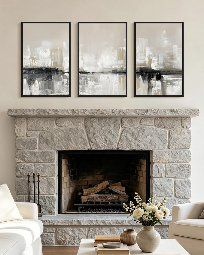 KUVIOKE Abstract Gray Framed Wall Art Neutral Brown Artwork Painting Morden Minimalist Wall Decor Rustic Home Decor 16x24in (Black Framed)