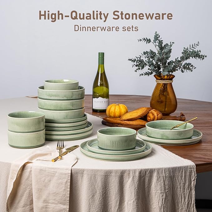 GBHOME 24-Piece Stoneware Dinnerware Set for 8 – Ribbed Ceramic Plates and Bowls, Scratch-Resistant, Microwave & Dishwasher Safe, Reactive Glaze, Light Green