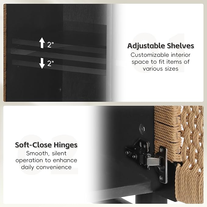 Modern Farmhouse Sideboard Buffet Cabinet 65.6’’ Boho Credenza Coffee Bar Console with Handwoven Paper Rope Doors, Storage Accent Cabinet for Living Room, Hallway & Kitchen, Black