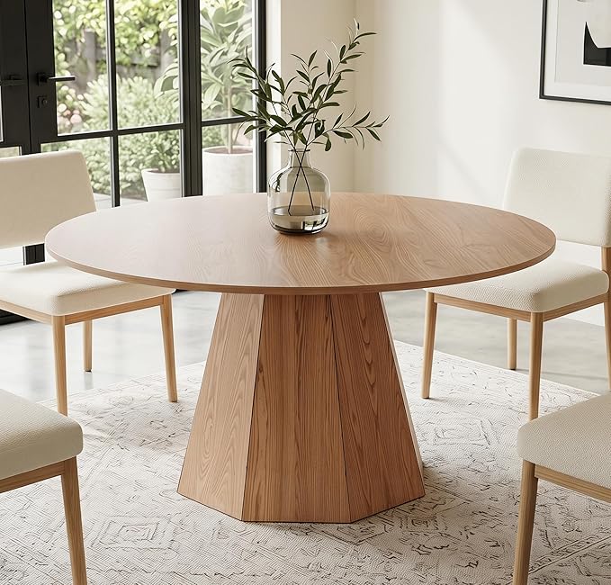 BESTANO 59" Round Dining Table for 4-6 People, Kitchen Dining Room Table with Wooden Pedestal Base, Circle Dinner Pedestal Dining Table for Dining Room (Table Only), Brown