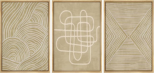SIGNWIN Framed Canvas Print Wall Art Set Geometric Tan Line Art Collage Graffiti & Street Art Abstract Illustrations Modern Art Decorative Nordic for Living Room, Bedroom, Office - 16"x24"x3 Natural