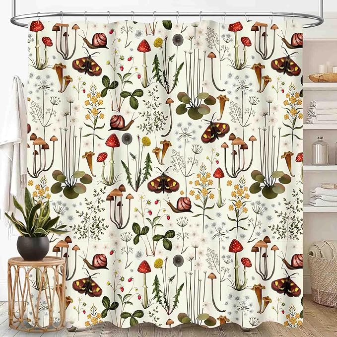 Mushroom Shower Curtain for Bathroom, Farmhouse Country Wild Floral Moth Botanical Mushroom Cottagecore Nature Plants Herbs Waterproof Fabric Shower Curtain Set with Hooks, 72"x72" Inch