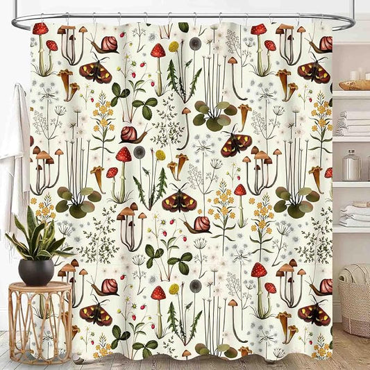 Mushroom Shower Curtain for Bathroom, Farmhouse Country Wild Floral Moth Botanical Mushroom Cottagecore Nature Plants Herbs Waterproof Fabric Shower Curtain Set with Hooks, 72"x84" Inch